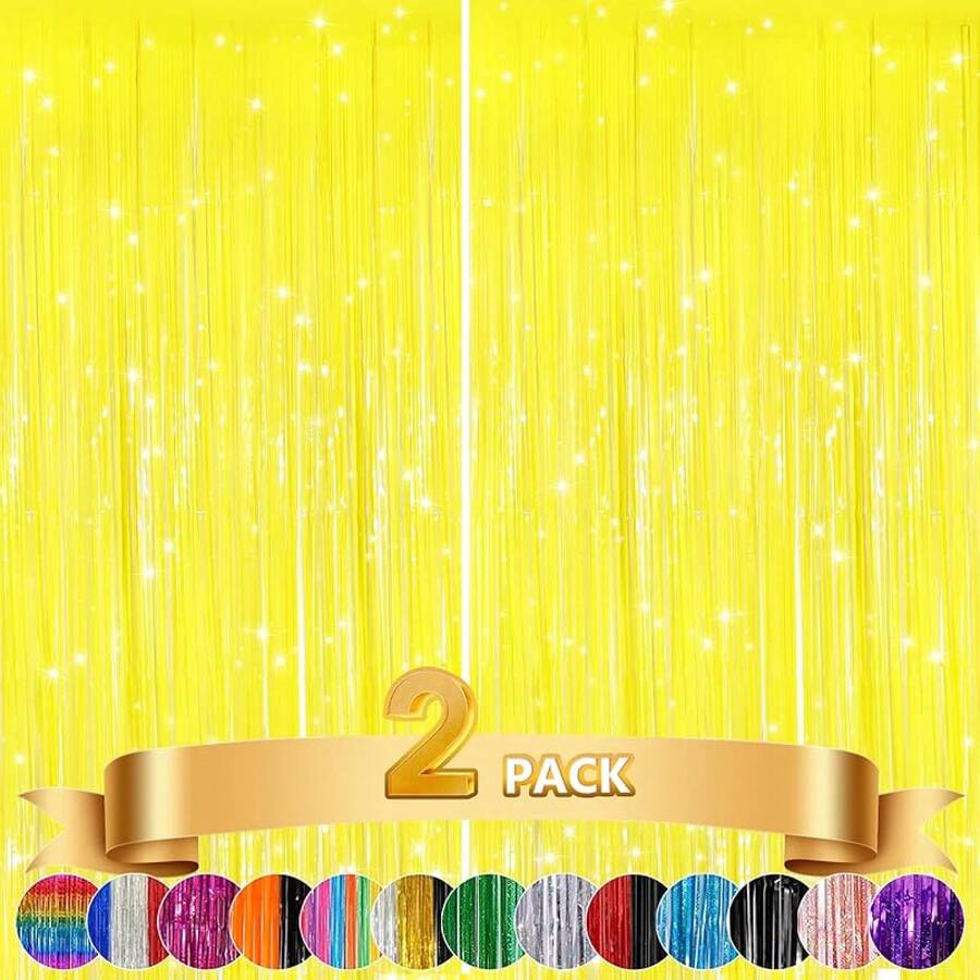 2Pack Silver Metallic Tinsel Foil Fringe Curtains, Door Streamer Photo Booth Backdrop Birthday Wedding, Graduation Engagement Bridal Shower Bachelorette Party Decorations Dancing Ball Party - 黃色 - 查看 1