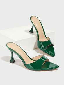 春夏女士高跟穆勒鞋，时尚尖头缎面套脚鞋，优雅闪亮镜面鞋面，适合派对、夜生活、户外活动，绿色 - 墨綠色 - 查看 6