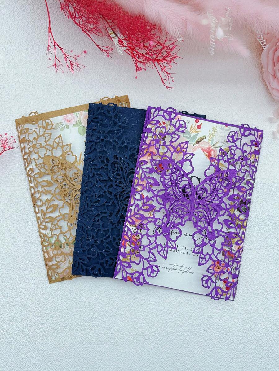 25 piezas de Tarjetas de invitación con mariposas cortadas con láser, adecuadas para decoraciones de bodas, compromisos, cumpleaños, bautizos y bautismos (excluyendo tarjetas interiores y sobres)