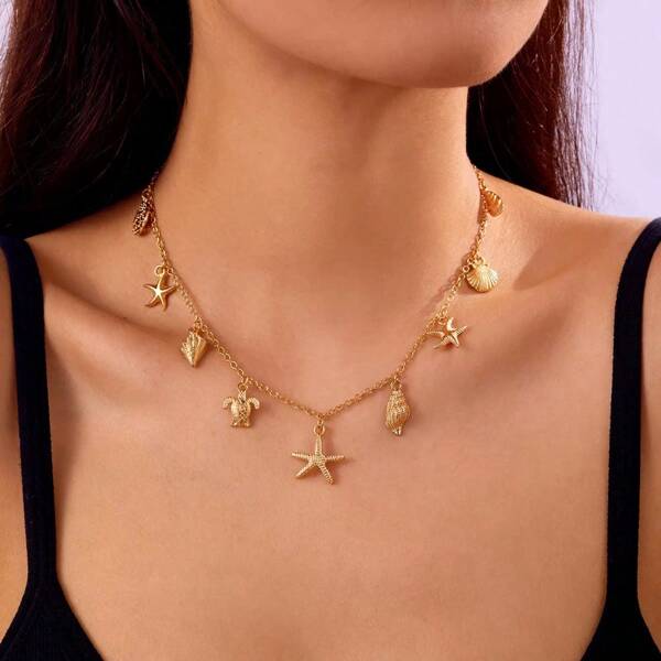 1pc Women's Fashion Pendant Necklace, Vintage Boho Beach Style With Starfish, Shell, Turtle Multi-Pendant Design, Collarbine Chain, Party Holiday Gift Versatile Jewelry