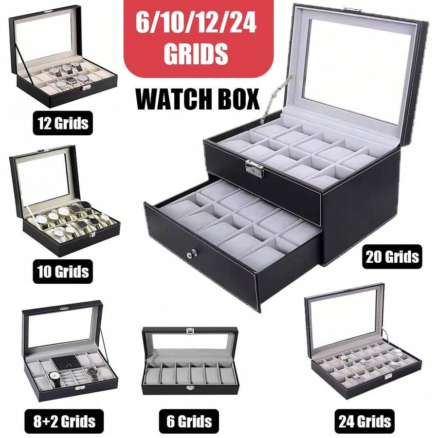 6-24 Watch Display Grid Box Lockable Case Faux Leather Storage Holder Gift UK - Black 24 Grids - View 1