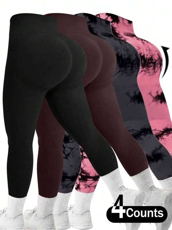 Plus Size Women's Four-Piece Set Of High-Waisted Hip Lift Peach Hip Knitted Yoga Pants For Women Tight Height Elastic Breathable Comfort