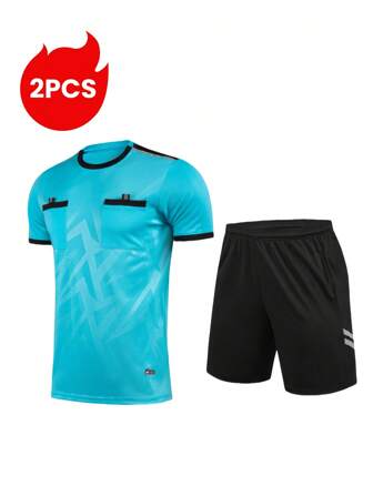 Set de 2 piezas Uniforme de árbitro deportivo, camiseta de manga corta cómoda y transpirable con bolsillos + pantalones cortos deportivos de secado rápido con cintura elástica, adecuados para fútbol, bádminton, tenis de mesa entrenamiento y competición