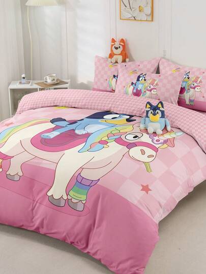 Bluey Juego de funda nórdica de 2/3 piezas con estampado de Bluey y unicornio, juego de ropa de cama acogedor y transpirable, piel amigable y cómodo, juego de edredón estilo dibujos animados, suave y anti-pilling, adorable textil para el hogar, decoración de la habitación de Bluey, de vuelta a la escuela