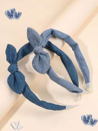2 件蓝色牛仔蝴蝶结头带，适合女士女孩纯色牛仔兔耳朵发带优雅蝴蝶结头带休闲日常兔耳朵发带度假节日礼物蝴蝶结头饰女士发饰头带发箍