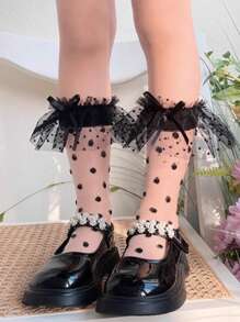 1 par de calcetines con volantes de doble capa de organza con estilo japonés, lindos y con puntos de cristal, para primavera/verano