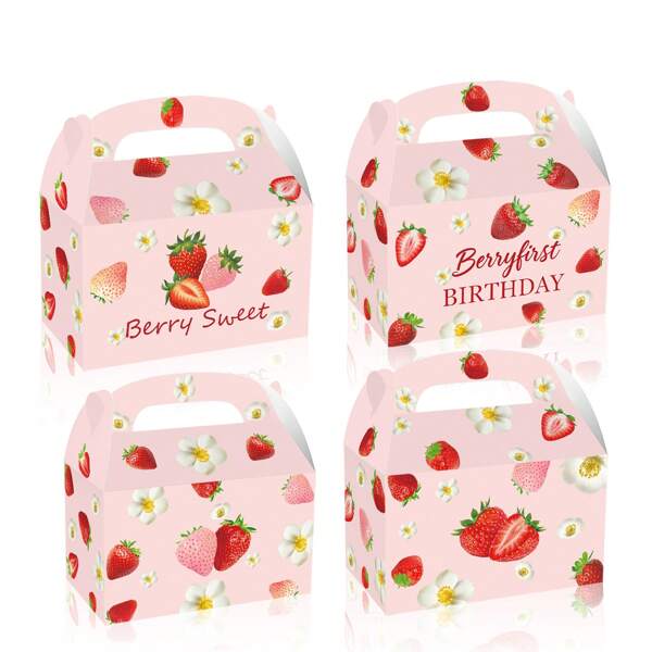 6/12/24pcs Strawberry Party Gift Box - Adorable Pink & Red Watercolor Fruit Design, Great For Birthday & Teen Shower Gifts, Cute Handled Paper Snack Containers, Strawberry Themed Items