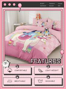 Bluey Juego de funda nórdica de 2/3 piezas con estampado de Bluey y unicornio, juego de ropa de cama acogedor y transpirable, piel amigable y cómodo, juego de edredón estilo dibujos animados, suave y anti-pilling, adorable textil para el hogar, decoración de la habitación de Bluey, de vuelta a la escuela