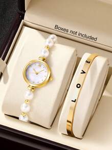 2pcs/Set Women Fashion Elegant Pearl Quartz Watch & Bracelet Set With LOVE Bracelet, Gift For Teacher's Day, Thanksgiving, Student Graduation, Birthday