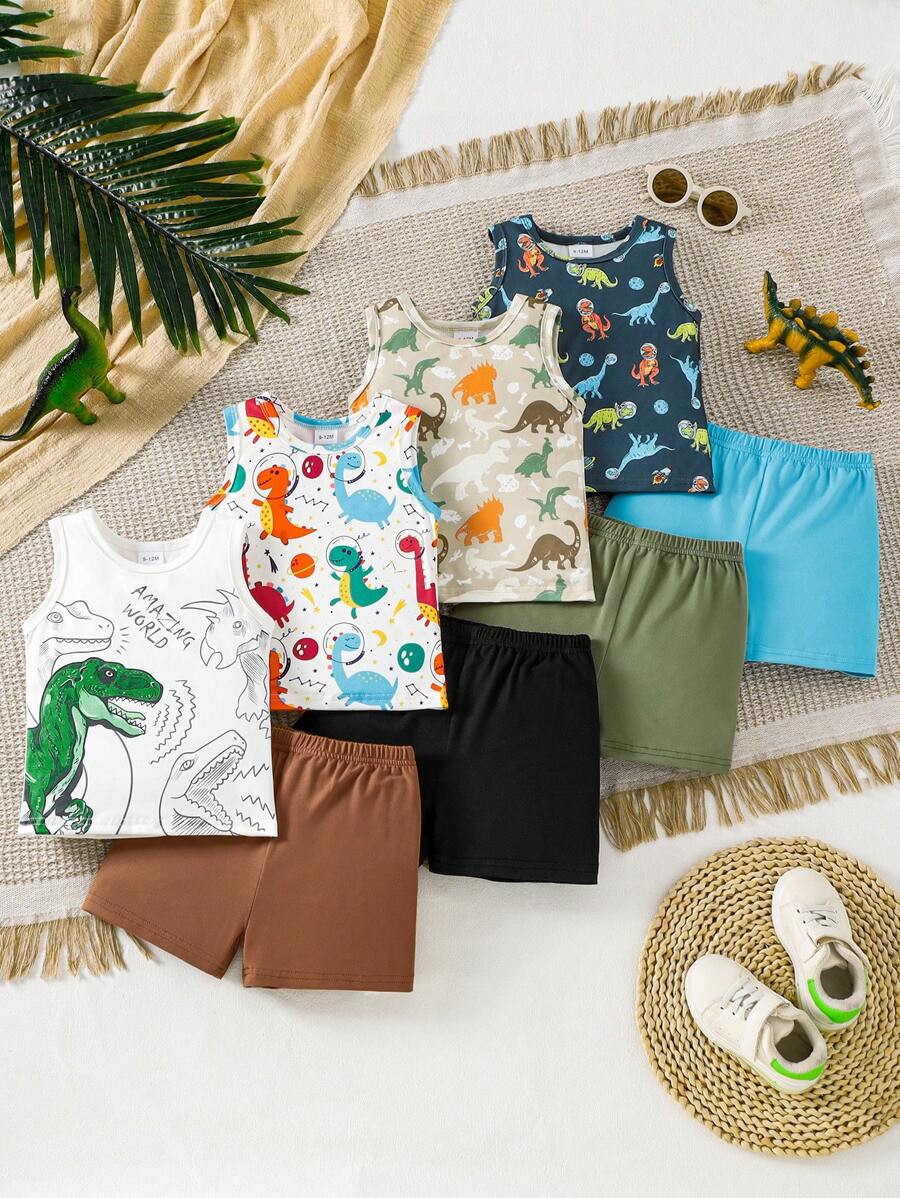 8pcs/Set Dinosaur Print Sleeveless Top And Solid Casual Shorts, Fashionable Outdoor Sports & Everyday Outfit For Baby Boy