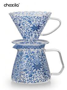 choxila 1 Stück 400ml (13,5 Unzen) Kaffeekocher mit blau-weißem Porzellanmuster, Kaffeetopf und Kaffeefilter mit Spitzenmuster, Glas-Kaffee-Kocher und Kaffee-Dripper, hitzebeständiges Glas Kaffee Geschenkset für den Haushalt