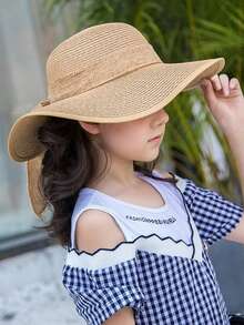 1 件女童 12-16 岁蝴蝶结丝带沙滩草帽，大遮阳帽檐夏季度假防晒遮阳宽边太阳帽，多功能