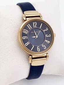 Anne Klein Easy Reader Navy Leather Strap Watch For Women, Ladies Quartz Watch With Rose Gold-Tone Hands And Easy To Read Arabic Numerals, AK/2156NVRG