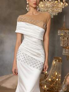 Faeriesty Elegant Rhinestone Detail Ruched Front Beaded Mesh Insert Satin Wedding Dress,Party Dress,Gown,Formal,Evening,Wedding Guest - White - View 8