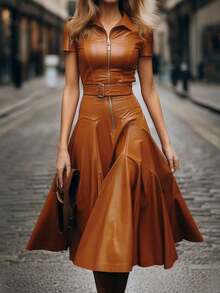 衬衫领拉链腰带 PU 皮革中长连衣裙 - 棕色 - 查看 1