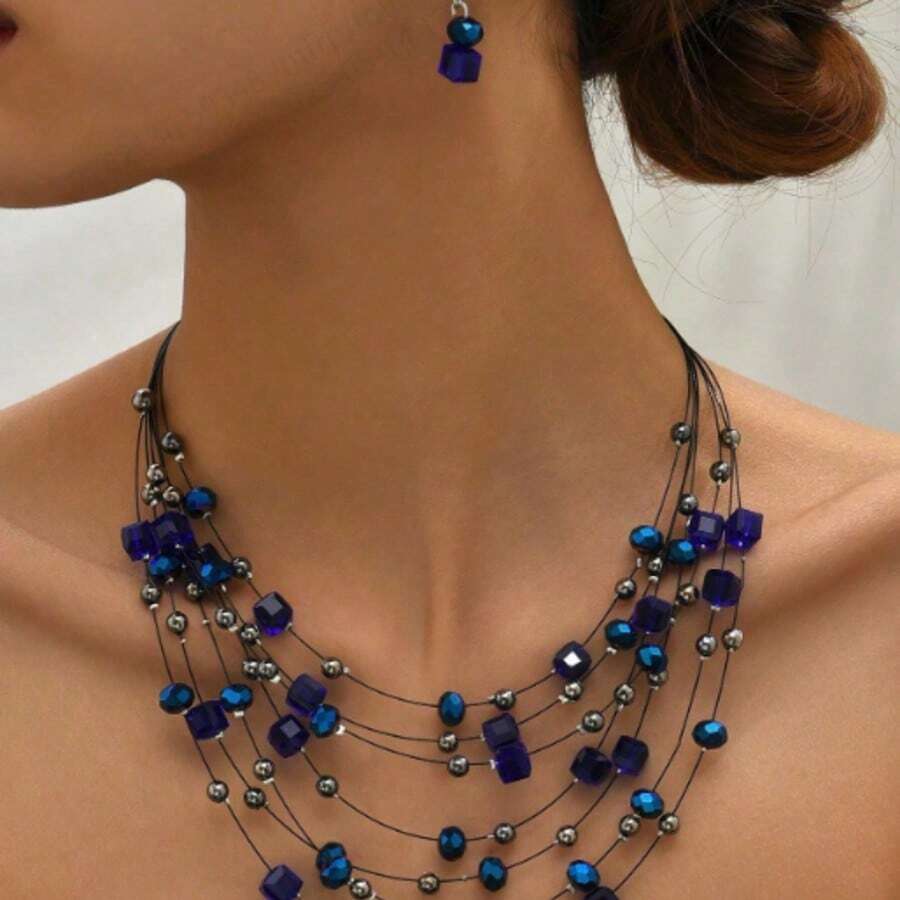 Set de 3 piezas de collar y pendientes de cristal multicapa, elegante y versátil, para mujer