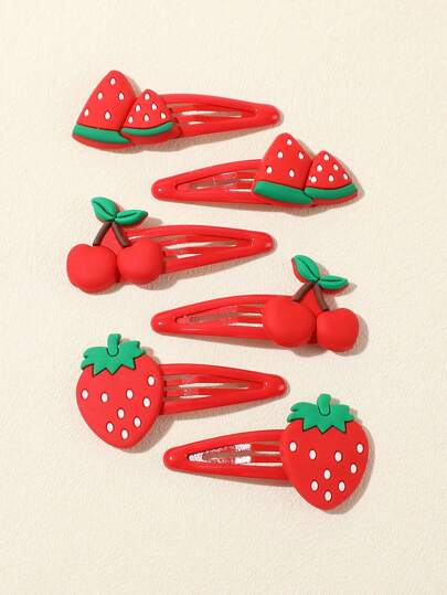 6pcs Red Cartoon Fruit Cute Children Resin Hair Clips, Casual Versatile Suitable For Daily Life Decoration