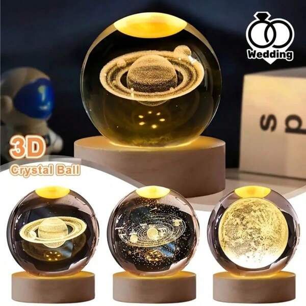 1pc 3D Laser Engraved 6cm Crystal Ball, Saturn Moon Galaxy Solar System Starry Sky Pattern, USB Powered Wooden Base Glow Glass Ornament, Modern Geometric Home Decor, Ideal For Christmas, Valentine's, Anniversary, Living Room, Bedroom Decor, Perfect Gift For Parties, Bars, Festivals, Birthdays
