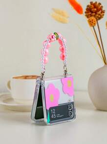 1pc Flower Pattern Electroplated Beaded Bracelet Hinged Protective Anti-Shock Anti-Drop Full Wrap Phone Case, Compatible With Samsung Galaxy Z Flip3 5G, Galaxy Z Flip4 5G, Galaxy Z Flip5 5G, Galaxy Z Flip6 5G