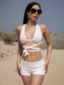 Carolina Barros Ensemble tenue d'été Y2K, tenue de concert country, Top bustier sexy dos nu et mini-shorts ajustés taille basse, ensemble - Blanc - Voir 8