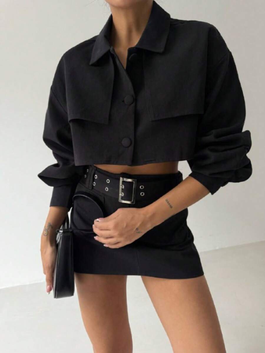 BlackFashion Y2K Cool Street Solid Color Long-Sleeved Short Lapel Shirt And Wide Belt Skirt Two-Piece Set - Black - View 1
