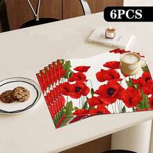 4pcs Set Poppy Flower Printed Linen Placemats - Woven Linen Rectangle Table Mats For Dining, Kitchen, Coffee Table, Dining Table Decor - Multicolor - View 13