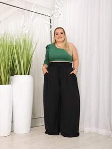 Women's PLUS SIZE Wide Leg Pants With Firm And Structured Waistband, Very Fluid, Fits Up To Size 60 - màu đen - Xem 1