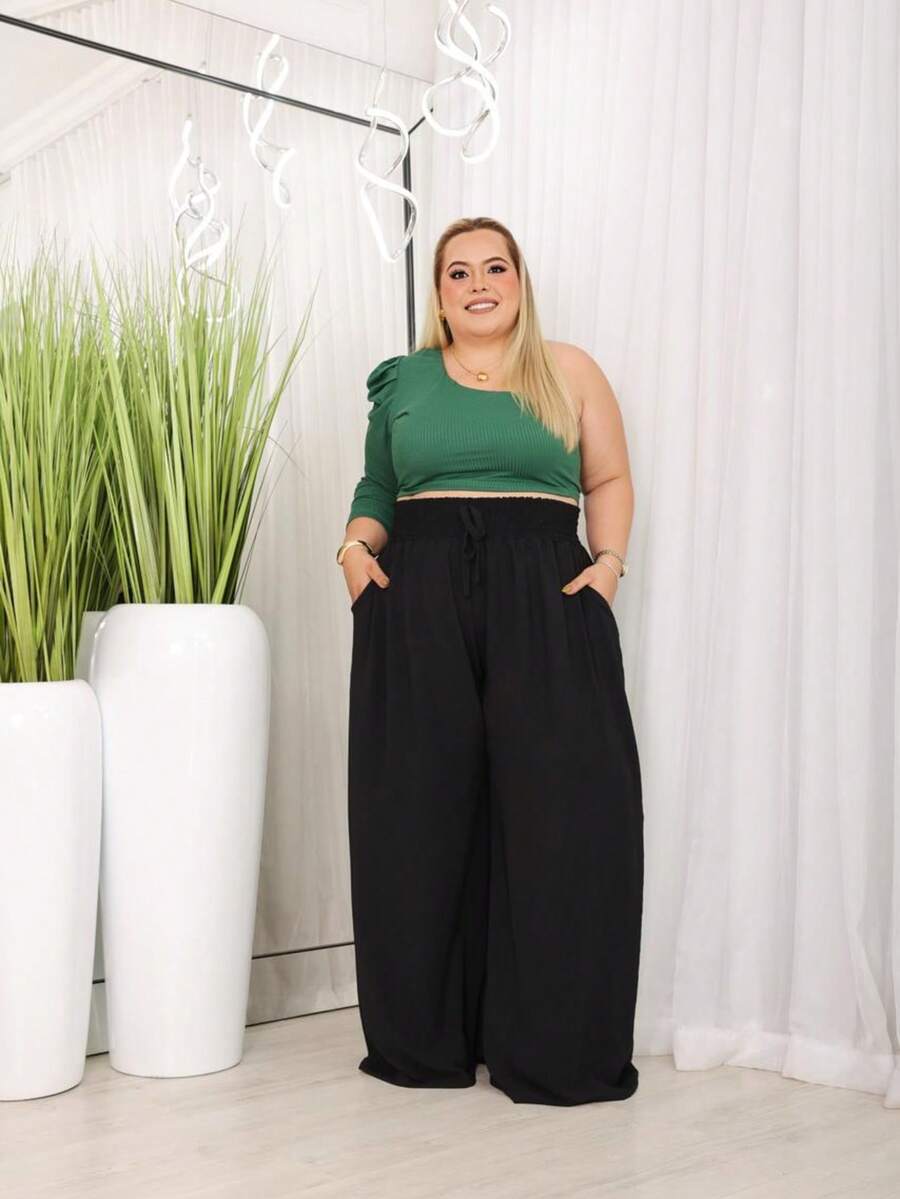 Women's PLUS SIZE Wide Leg Pants With Firm And Structured Waistband, Very Fluid, Fits Up To Size 60 - màu đen - Xem 1
