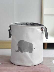 1pc Extra-Durable Elephant Print Laundry Basket - Versatile Storage For Clothes, Toys & More - Round Organizer For Bedroom, Bathroom, Living Room, Laundry Baskets - White - View 3