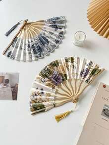 1pc Folding Fan Hand Held Fans Wooden Folding Fan Handheld Folding Fan Chinese Style For Church Wedding Gift Vintage Home Decor Handheld,Vintage Floral Hand-Held Folding Fan With Tassel,Chinese Vintage Bamboo Fan,Elegant Folding Fan,Women Hand Held Folding Fan,Chinese Traditional Hand Fan, Wedding Gift, - Beige - View 6