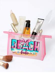 Set di borse a rete di grande capacità, borsa a rete con stampa a motivo da spiaggia, borsa a rete da spiaggia, borsa a rete per cosmetici, borsa da spiaggia impermeabile pieghevole di grande capacità, borsa da spiaggia a rete con decorazione a lettera - Rosa - Visualizzare 4