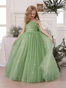 Tween Girl Pearl Strap Star Mesh Bow Mint Green Christmas Dress, Elegant Princess Dress Suitable For Girls Birthday Gift, Teenager Party Prom Wedding Flower Girl Bridesmaid Dress, Thanksgiving Graduation