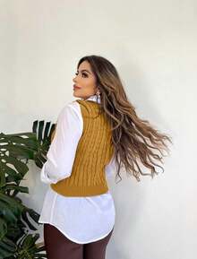 V-Neck Braided Knit Sweater Vest - Mustard - View 3