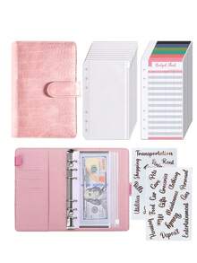 1pc A6 Binder With 10pcs Zippered Envelope - Colorful Cash Organizer, Budget Loose Leaf Cash Envelopes With Rose Gold Pre-Printed Label Stickers, Crocodile Textured Cover With Multiple Pockets For Travel, School, Office, Home, Portable Use - Pink - View 1