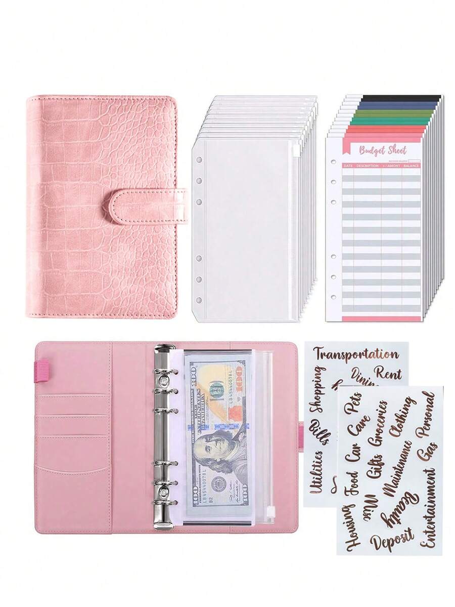 1pc A6 Binder With 10pcs Zippered Envelope - Colorful Cash Organizer, Budget Loose Leaf Cash Envelopes With Rose Gold Pre-Printed Label Stickers, Crocodile Textured Cover With Multiple Pockets For Travel, School, Office, Home, Portable Use - Pink - View 1