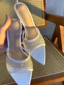 For Women Wearing Sandals In Summer, They Should Wear New Slim, Pointed, Mesh, Rhinestone High Heels With Exposed Toes And Flip-Flops - White - View 1