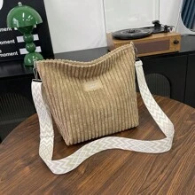 Women's Corduroy Shoulder Bag - Soft Plush Solid Color, Casual Handbag, Bohemian Wide Shoulder Belt, Lightweight Messenger Bag, Suitable For Daily, Shopping And Travel | Polyester Lining, Zipper Opening And Closing, Adjustable Shoulder Belt, Cosmetics And Key Storage