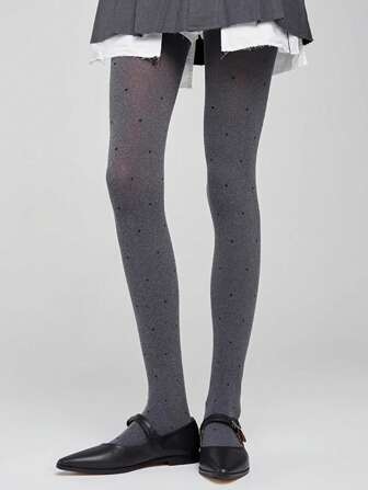 1pc Velvet Black Polka Dot Pantyhose, Vintage Fashionable Wear, Grey Tights, Cozy