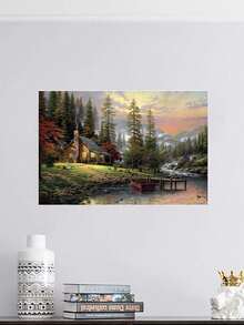 1pc Canvas Wall Arts Poster A Cabin By The Lake In A Lush Forest With A Warm Glow From The Windows, Perfect For Creating A Cozy And Inviting Atmosphere In Any Space, Optional Framed