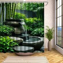 1pc Waterfall Bamboo Shower Curtain With Hooks - Machine Washable Polyester Bathroom Decor, Artistic Nature-Inspired Design For Home Ambiance, Knitted Weave, Shower Curtain For Bathroom