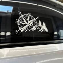 1 Pc Compass Mountain Forest Vinyl Decal, Waterproof Traveling Adventure Style Sticker For Off-Road Vehicle RV Camper Trailer Caravan