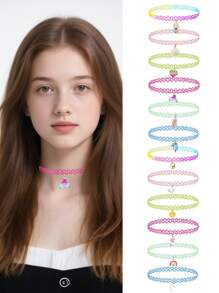 6pcs/Set Fashionable Necklaces For Teens, Cute Princess Cartoon Unicorn & Mermaid Series Chokers, Suitable For Birthday Party, Gift, Holiday, Casual Wear