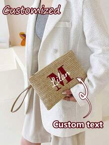 带有名字的个性化女士手拿包，个性化草编钱包，草编钱包，女士拉链手提包 - 优雅条纹卡其色手机包，非常适合生日、周年纪念、母亲节和感谢礼物，适合大学、中学、高中、返校、旅行、少女户外活动、学校学生、白领、教师、大学、工作、商务、通勤、户外、海滩、旅行、郊游、度假