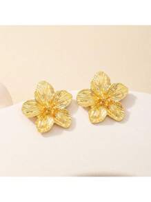 Large Textured Gold Tone Flower Stud Earrings For Women, Bold Sculpted Five-Petal Floral Design, Unique Hammered Brushed Finish, Lightweight Statement Jewelry For All-Day Or Evening Wear, Ideal For Weddings, Parties, Cocktail Events, Fashion Outfits, Special Occasions, Secure Post Backs, Eye-Catching Accessory, Gift For Women Who Love Glamorous, Bold, And Contemporary Style