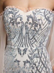 Off Shoulder Ruffle Layered Butterfly Sleeve Patchwork Sequin Fitted Mermaid Maxi Dress