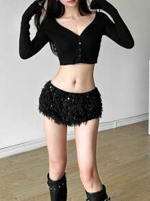 Short de lentejuelas de cintura baja sexy y ajustado de unicolor, moda callejera