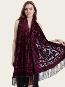 1pc Women's Rose Jacquard Velvet Tassel Scarf, Fashion Elegant Shawl, Versatile For Dance, Party, Festival, High-End Ladies Premium Scarf