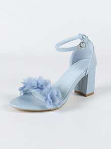 Women's Light Blue Flower Decor Metal Buckle Strap Square Toe Chunky Heel Sandals, Sweet & Fresh Style For Summer Daily & Vacation