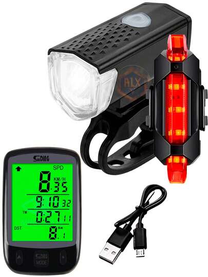 Kit Completo para Ciclistas Velocímetro com Fio + Lanterna LED Frontal 300 Lumens +Sinalizador Traseira Recarregável usb