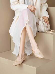 2025 Elegant Camellia Slide Sandals For Women, Low Heel Backless Slip-On Pointed Toe Summer Shoes - Apricot - View 3
